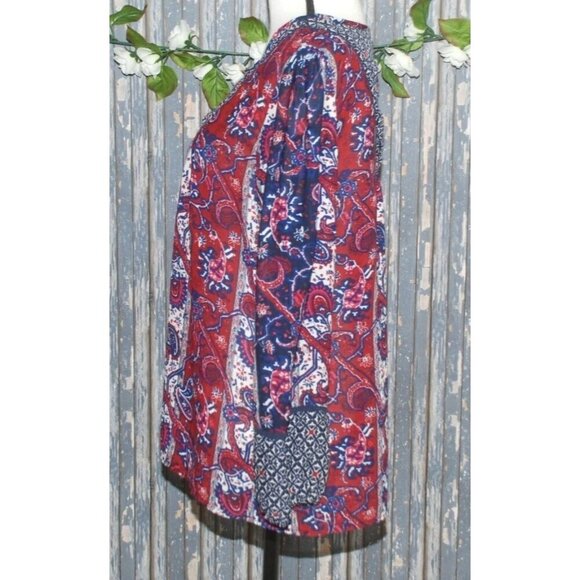 Dressbarn Ladies Red & Blue Blouse Size L Sheer Long Sleeve V-Neck Paisley Print - Picture 4 of 8